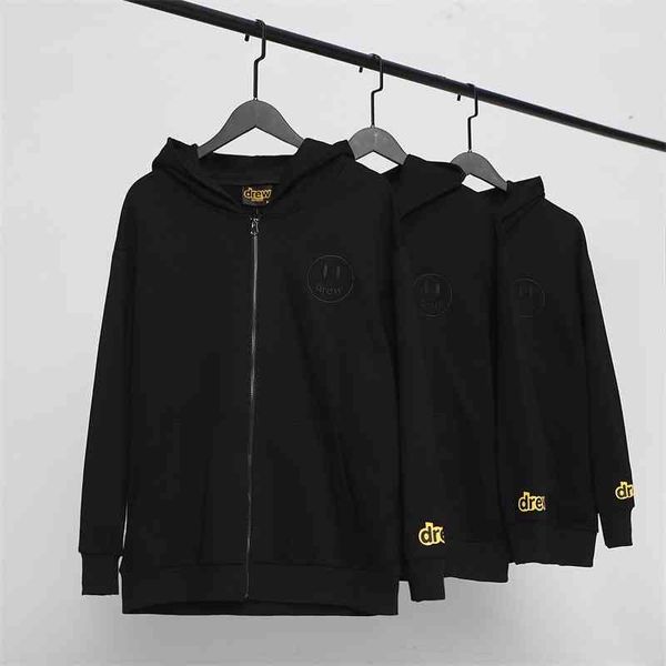 

drew embroidered smiley face thin cardigan hoodie fall simple solid color loose casual fashion brand coat, Black