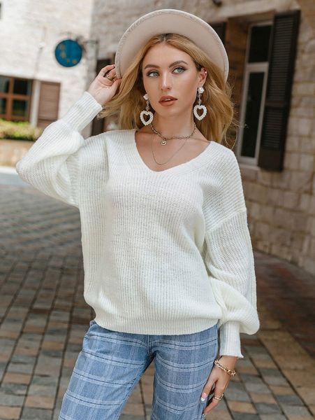 

simplee drop shoulder lantern sleeve sweater f7p7#, White;black