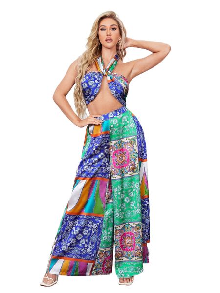 

floral print halter and wide leg pants set s7jh#, White