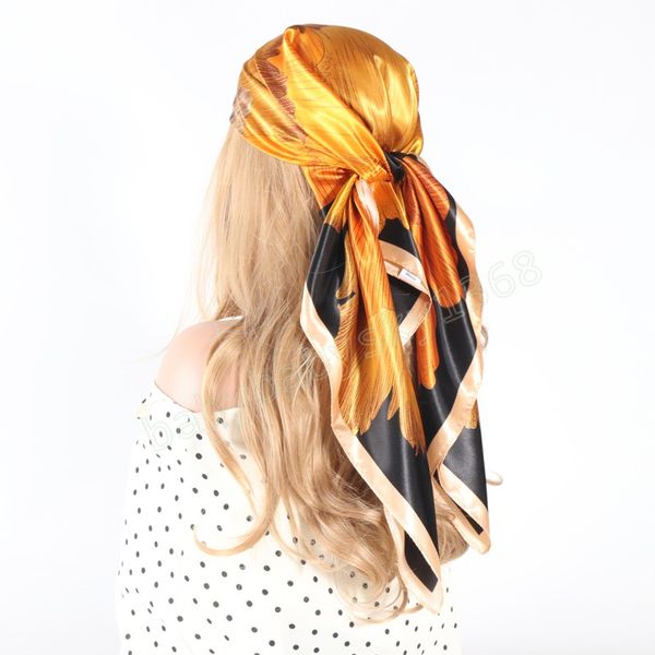 

90x90cm silk head scarf women black gold flowers print hair scarve foulard femme satin kerchief square headscarf bandana, Red;brown