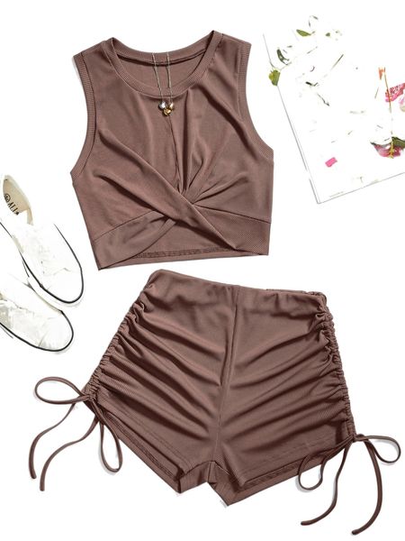 

solid twist front crop tank & shorts y0v7#, White