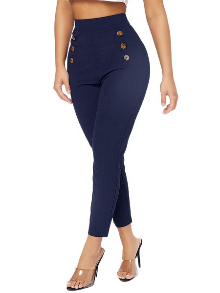 

petite high waist double button skinny cropped pants k2tv#, Black;white