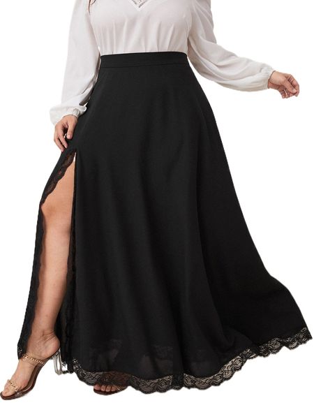 

plus lace trim split thigh skirt g9od#, Black