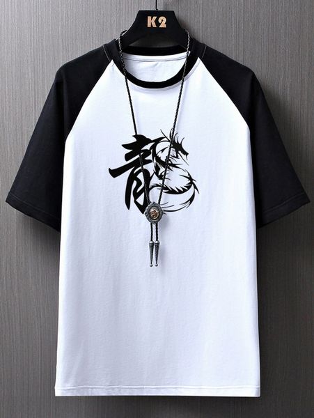 

men chinese letter graphic contrast raglan sleeve tee 80ej#, White;black