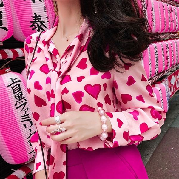 

paris girl vintage heart print long sleeve chiffon blouse sweet women shirt tie autumn fashion chemise camisa 210308, White