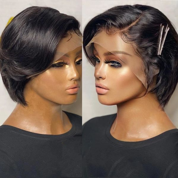 

straight pixie cut hd lace front human hair wig preplucked for black women transparent short bob wig brazilian remy 150% density diva2, Black;brown