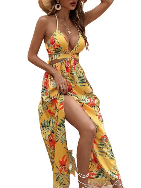 

tropical print backless knot halter neck slit thigh dress o7cz#, Black;gray