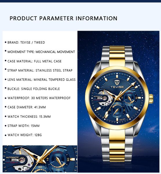 

luxury designer tevise automatic mechanical watch stainless steel chronograph wristwatch male clock relogio masculino, Slivery;black
