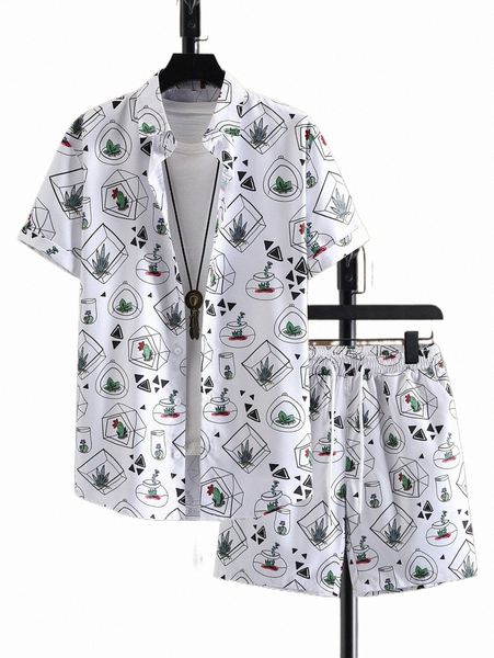 

men geo & plant print shirt & drawstring waist shorts without tee z8on#, Gray