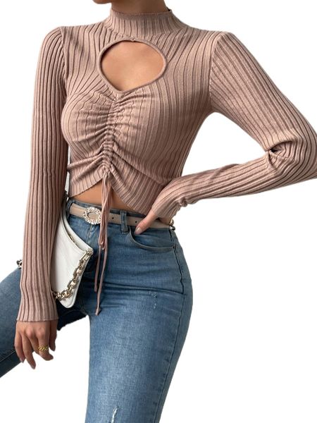 

mock neck cut out drawstring front sweater c130#, White;black