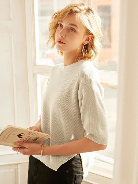 

knit mix solid drop shoulder knit 047f#, White;black