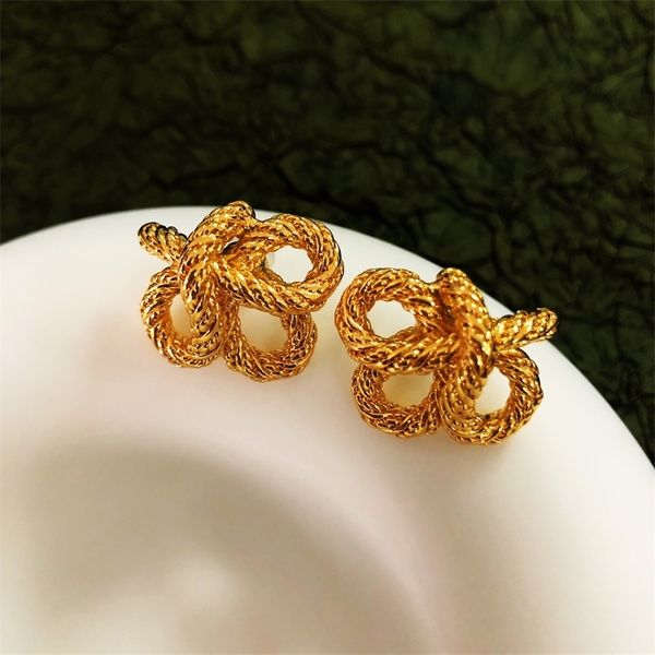 

brass with 18k gold braide flower earrings women jewelry party boho t show gown runway rare korean japan trendy stuning ins, Golden