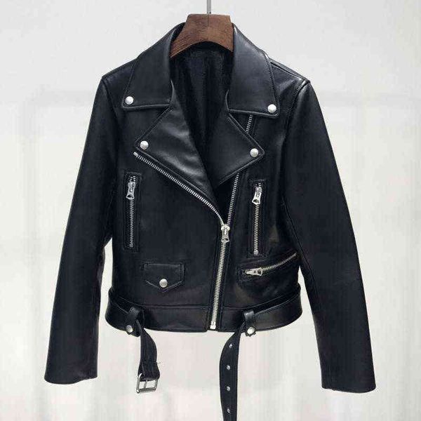 

spring autumn pu leather jacket women zipper belt short soft jackets biker black nk faux motorcycle coat plus size l220728