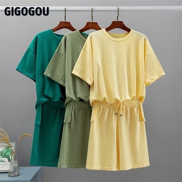 

gigogou spring summer loose womens tracksuit fashion knitted two piece short sets womens oversized t shirt suit 220627, Gray