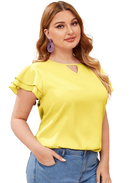 

plus keyhole neck layered flutter sleeve z6f5#, Black