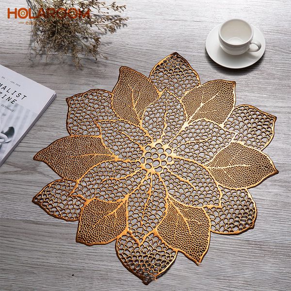 Holaroom Lotusblume PVC Bronzing Hohles Tischset Western Food Kissen Tischdekoration Matte für Restaurant Küche Antirutsch-Pad W220406