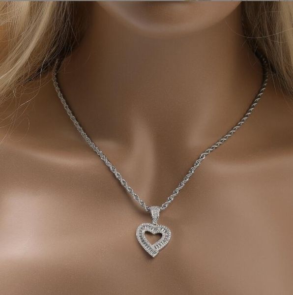 

hip hop square cz zircon stone bling iced out heart pendants necklace for men rapper jewelry, Silver