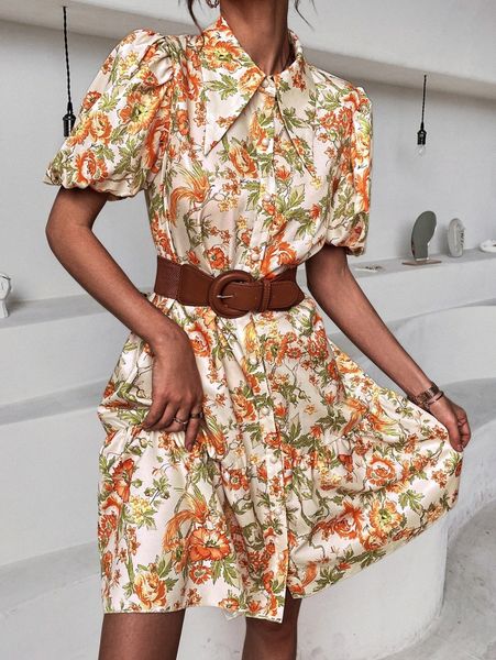 

floral print puff sleeve ruffle hem belted shirt dress i2sa#, Black;gray