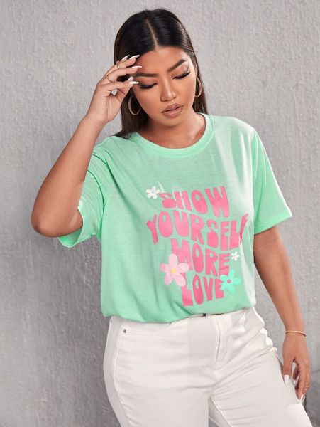 

plus slogan & floral print tee c6dx#, Black