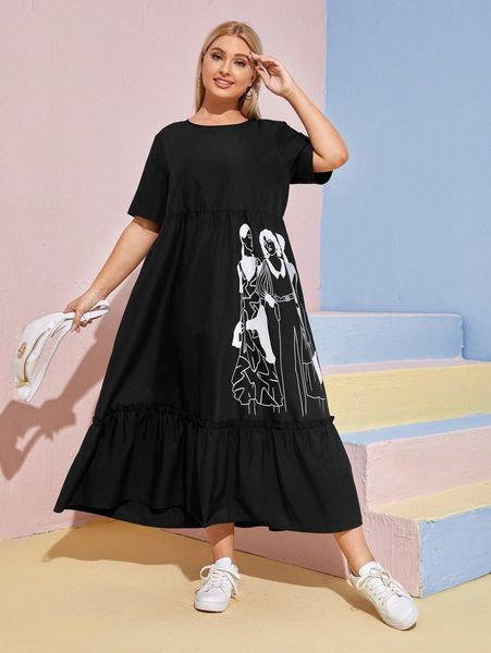 

plus figure graphic layered hem dress z1xz#, Black