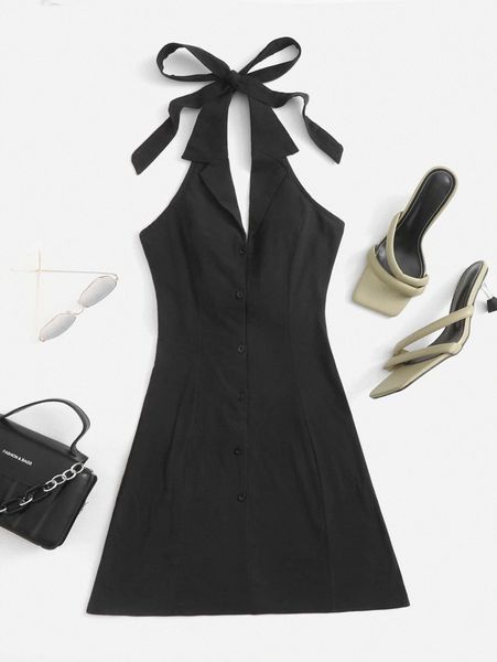 

notched collar button front tie back dress m2vy#, Black;gray