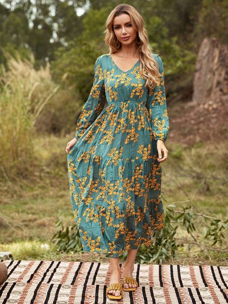 

floral print a-line dress n91i#, Black;gray