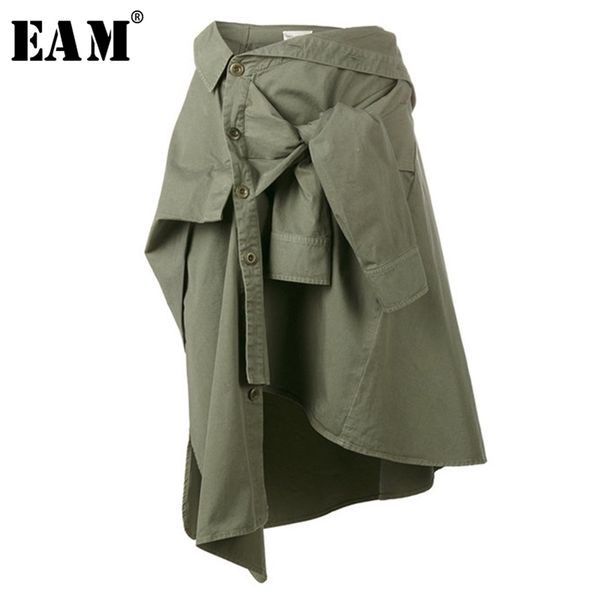 EAM 2020 Nuova primavera ad alta vita Army Green Knot Irregolare Split Giola della gonna a mezzo corpo sciolto Donne Fashion LJ201029