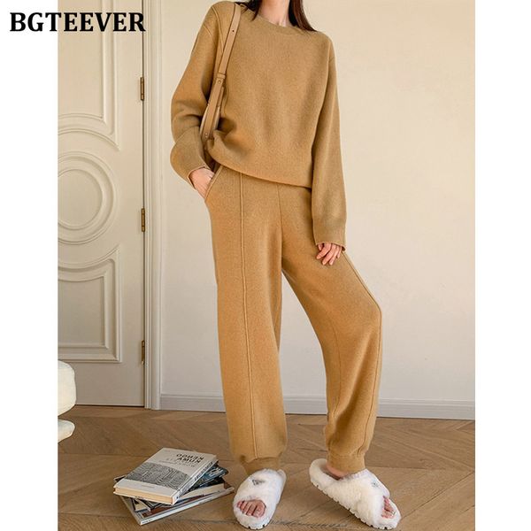 

elegant ladies knitted trousers set o-neck patchwork pullovers sweaters &amp drawstring pants women 2 pieces set, White;black