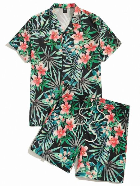 

men tropical print shirt & drawstring waist shorts 07k9#, Gray
