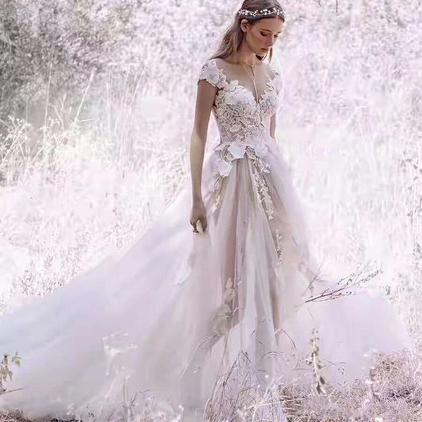 Bohemian Beach Wedding Dress Кружевое 3D цветочная аппликационная юбка из тюля 2022 симпатичная линия v Neck Bridal Howns Сексуальные свадебные платья без спины