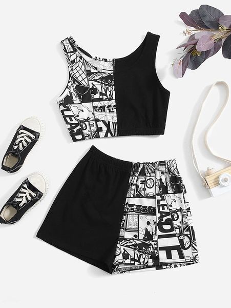 

girls colorblock & pop art print tank & shorts set she, White