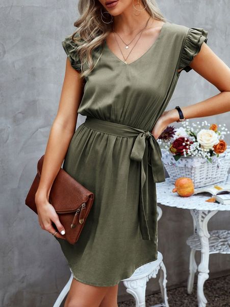 

layer ruffle sleeve belted dress j8ma#, Black;gray