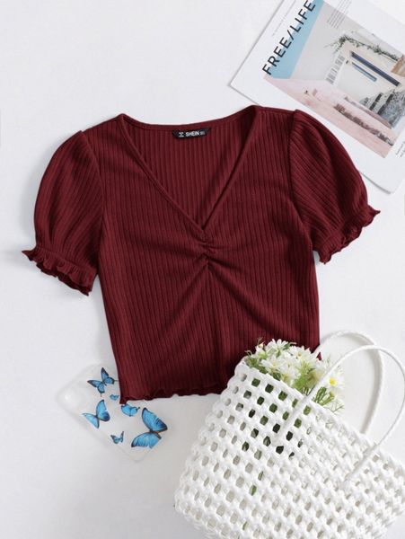 

ruched detail frilled cuff puff sleeve lettuce edge f9mt#, White