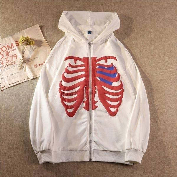 

american high street brand skull cardigan hooded zipper autumn loose men and women jacket zip up hoodie women clothing 220816, Black