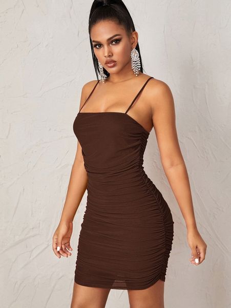 

sxy ruched mesh bodycon cami mini dress s8ne#, Black;gray