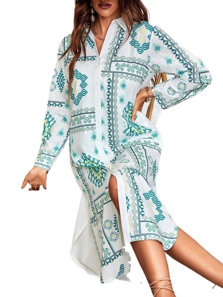 

geo print split hem shirt dress 30wl#, Black;gray