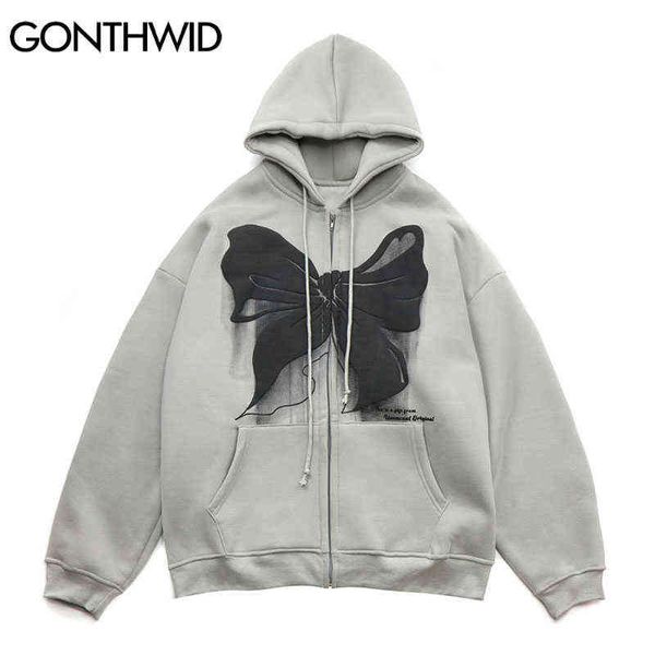 

hip hop zip up hoodie coat streetwear hooded sweatshirt bowknot print zipper fleece jacket men harajuku winter cotton pink black t220816, Black;brown