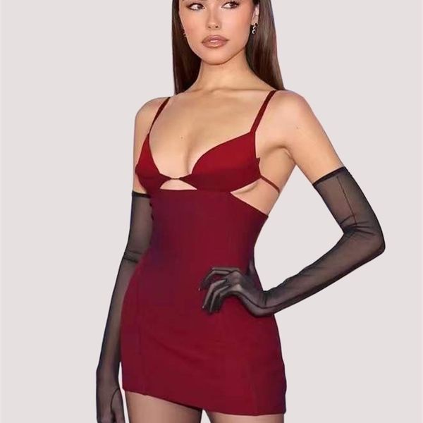 

spaghetti strap cut out summer dress women strappy backless party dress bodycon mini cami dress black red 220510, Black;gray