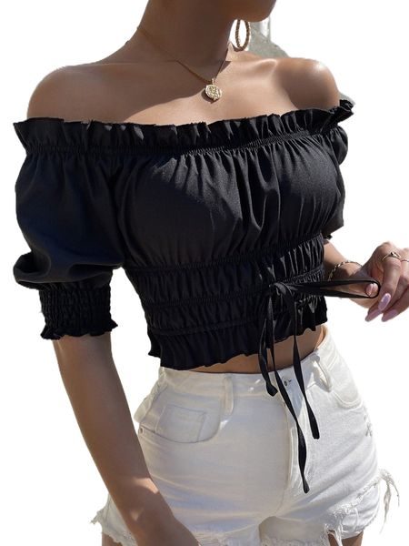 

off shoulder knot front ruffle trim crop blouse 19pl#, White