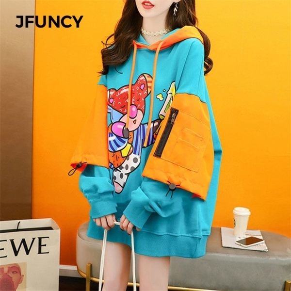 

jfuncy women hooded sweatshirt fall oversized hoodies japanese long style woman clothes cartoon harajuku female streetwear 220406, Black