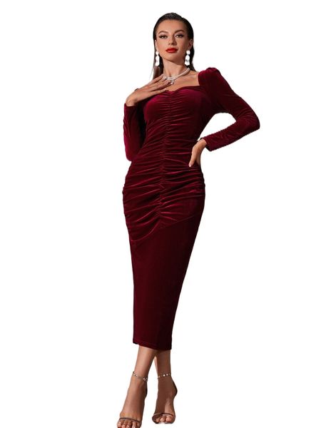 

sweetheart neck ruched velvet dress 17ai#, Black;gray