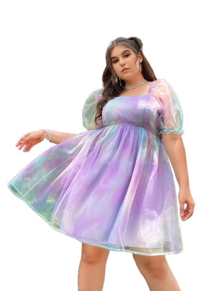 

plus tie dye square neck puff sleeve organza dress x6oz#, Black