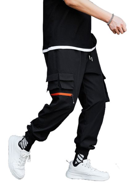 

men flap pocket side zipper detail pants e7pb#, Black