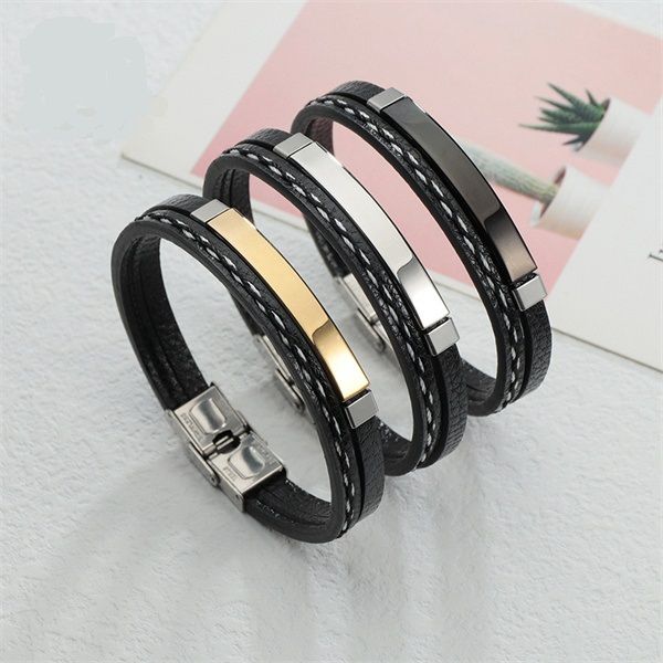 

european and american multilayer leather charm bracelets men's women's stainless steel casual personality bracelet ab848, Golden;silver