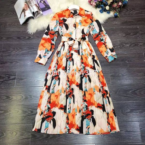 

casual dresses fashion spring long sleeve printed dress over the knee lady temperament pleated lace up waist skirt, Black;gray