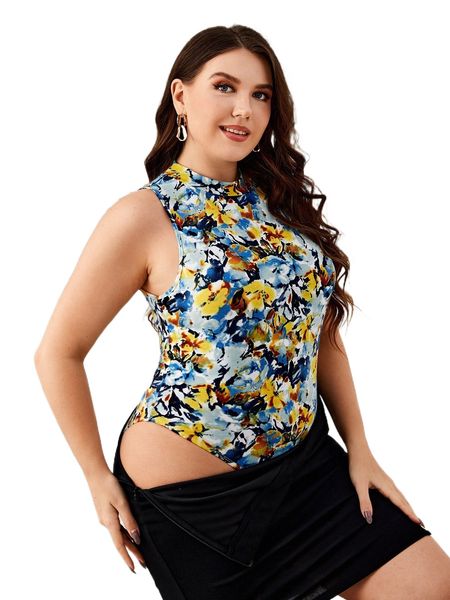 

plus floral print keyhole back tank bodysuit v9dk#, Black