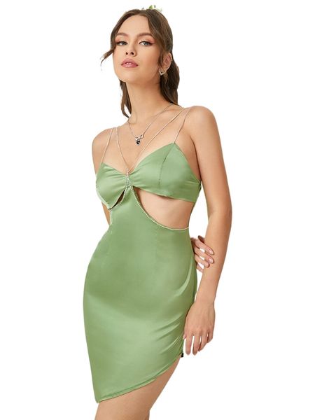 

rhinestone strap cut out asymmetrical hem cami dress k8rq#, Black;gray