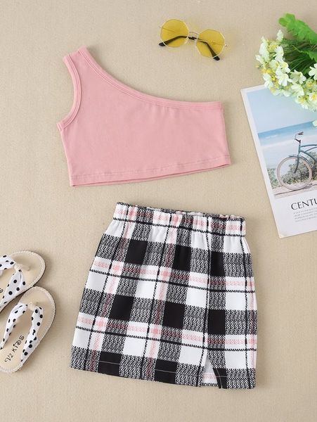 

toddler girls one shoulder with plaid skirt she, White