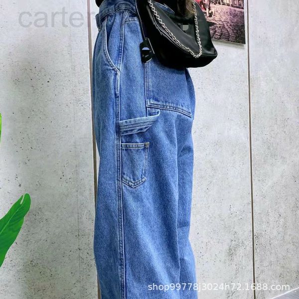 

women's jeans designer cool fashion sense flower bud elastic waist high loose straight jeans floor trousers women's leisure 93ib20, Blue