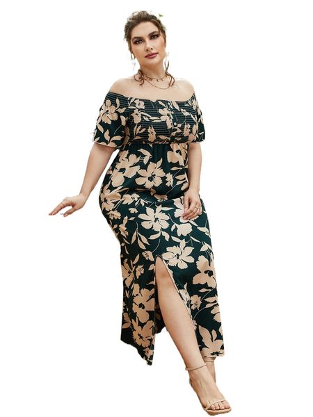 

plus floral print off shoulder shirred split thigh dress m2uw#, Black